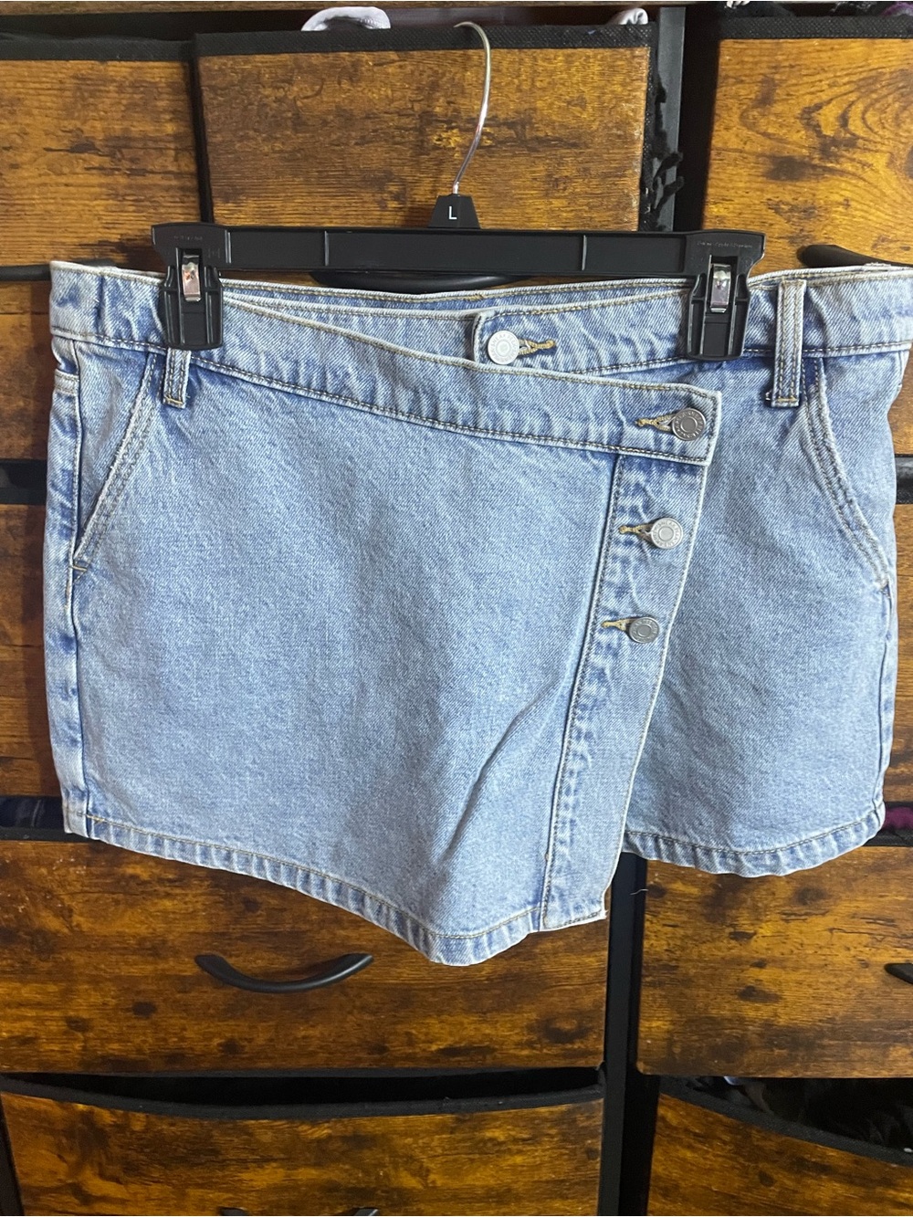 Sneak Peek Light Blue Denim Asymmetric Button Skort